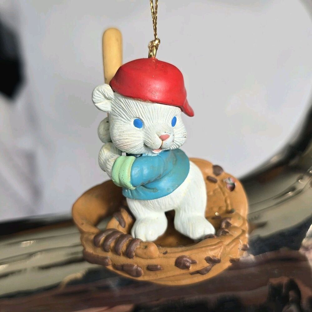 80s Blue Eyed Baseball Polar Bear Christmas Ornament by Enesco 1983
